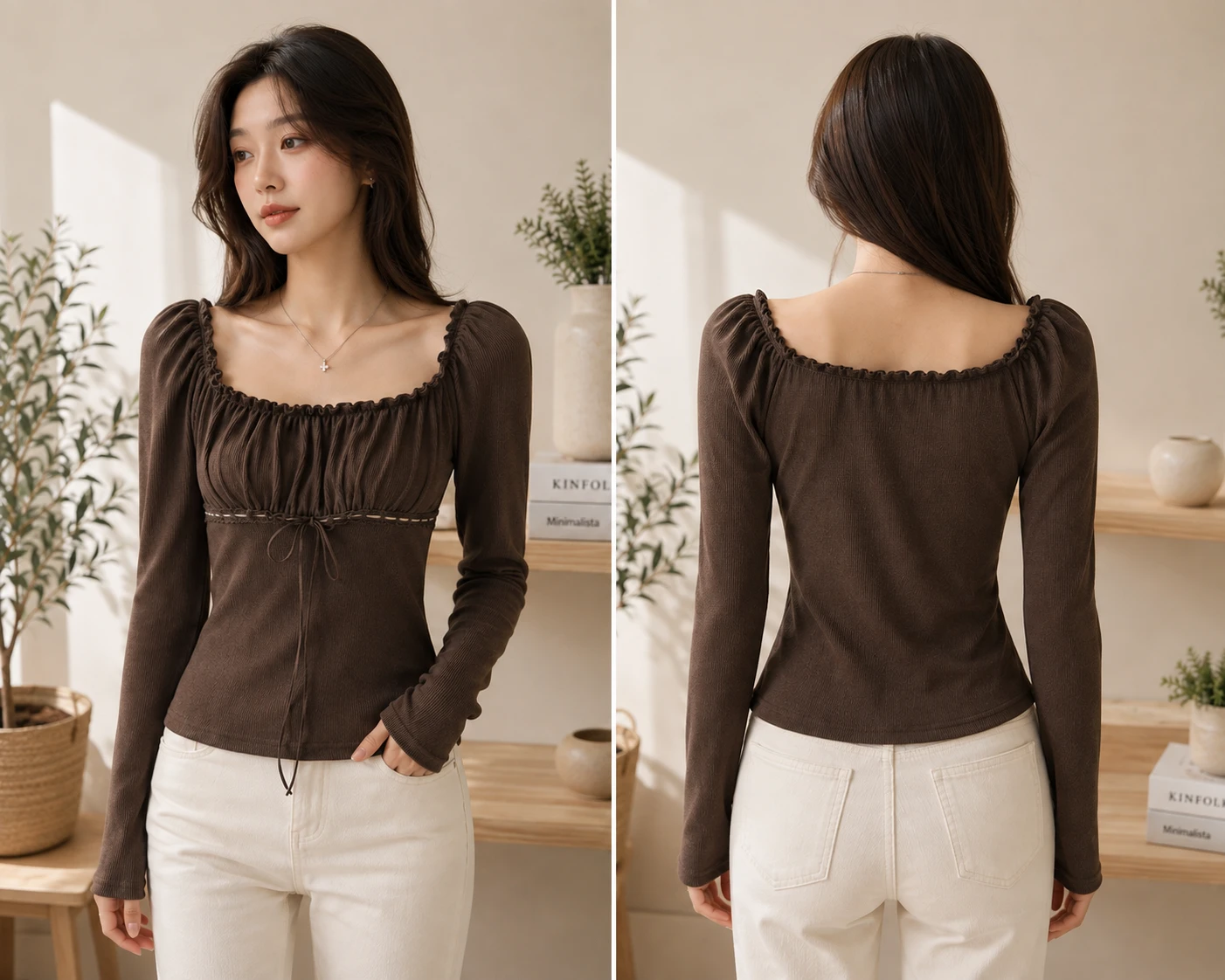 Ribbed Ruffle Tie Front Top
