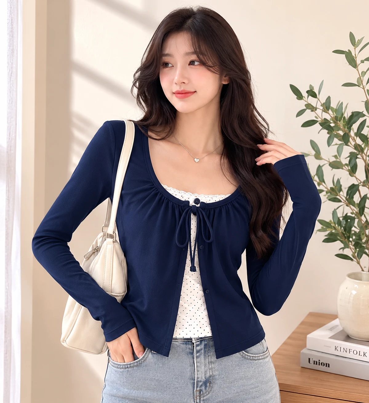 Long Sleeve Gathered Tie Front Top